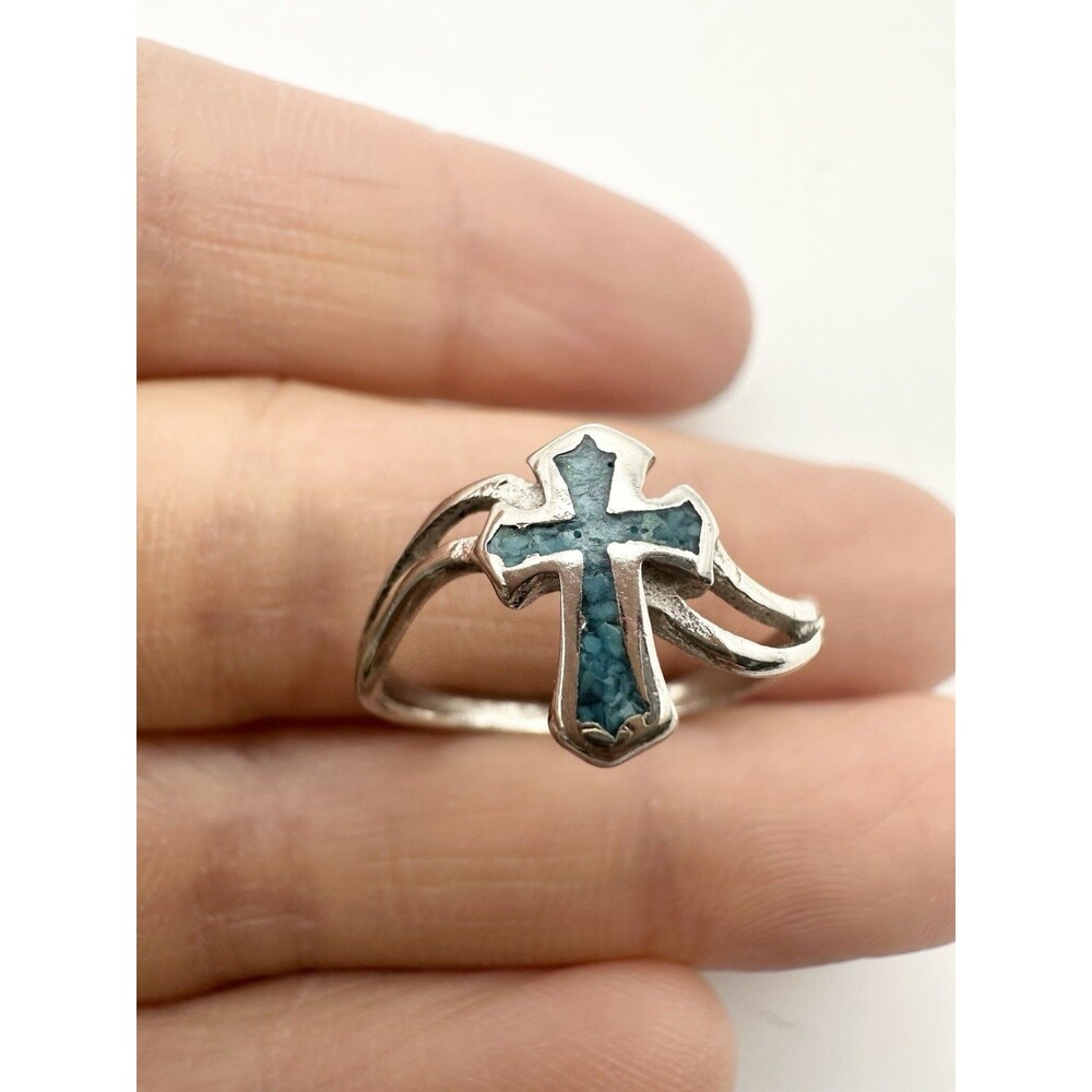 Vintage Silver Turquoise Cross Ladies Ring - Size 7.5